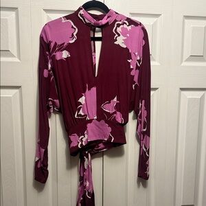 Free People Burgundy and Pink Floral Blouse